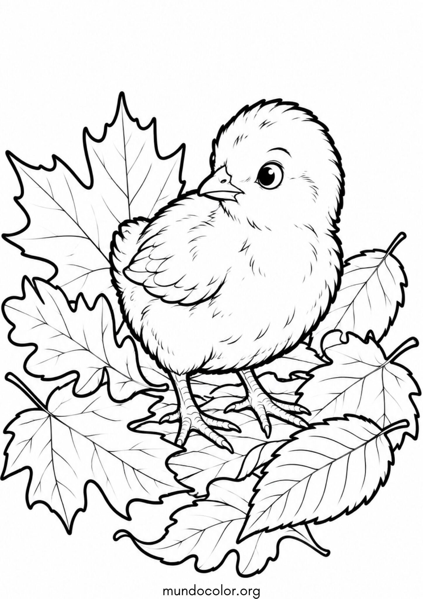 Dibujo de Pollito entre las hojas de otoño para colorear