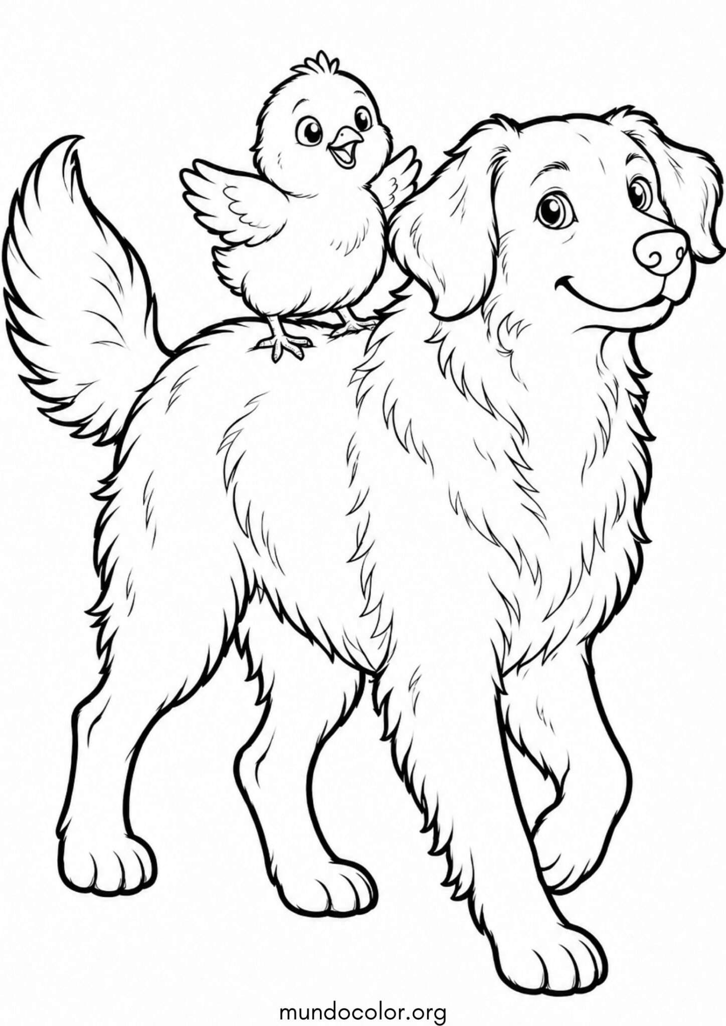 Dibujo de Pollito montado sobre el perro de la granja para colorear