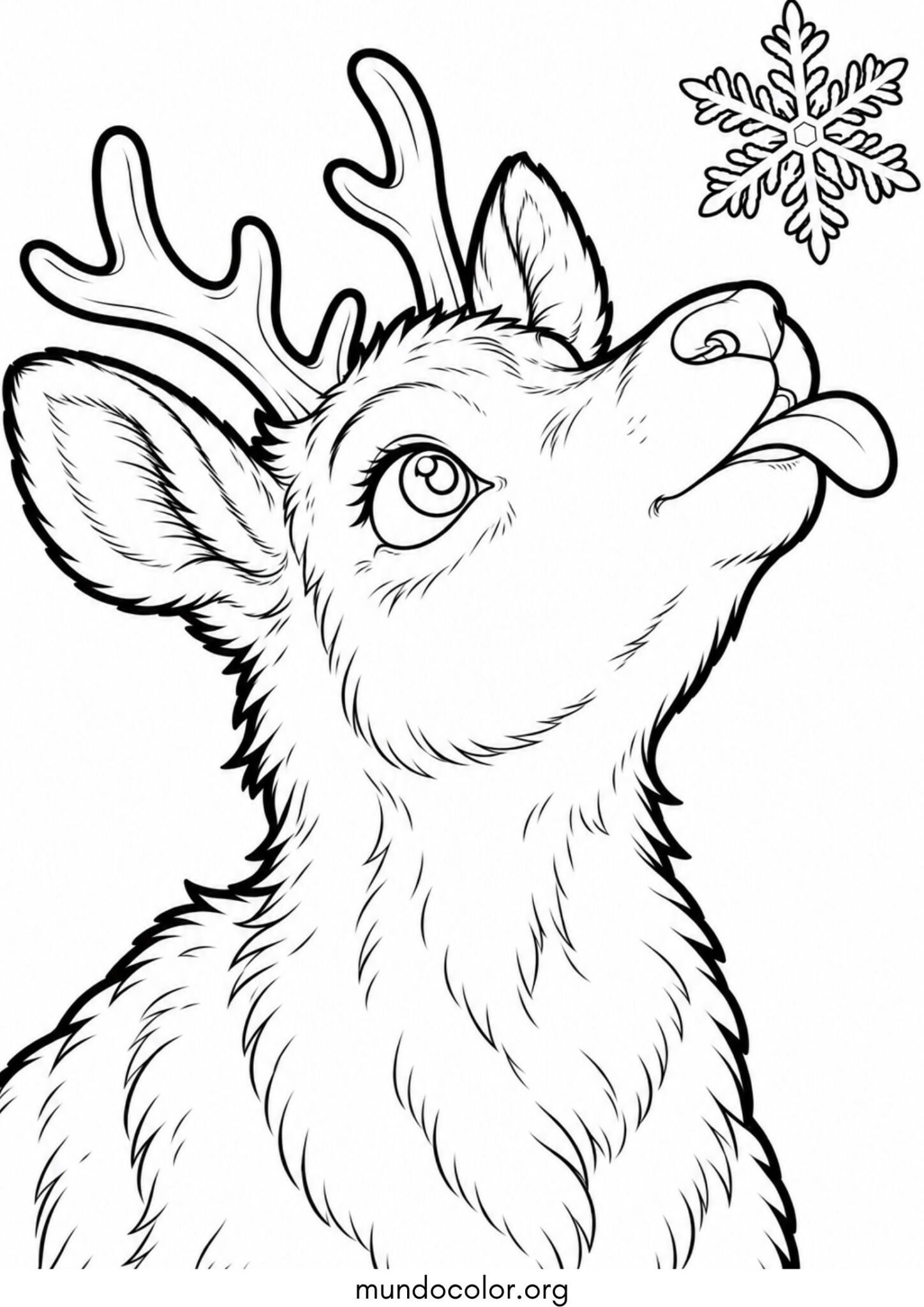 Dibujo de Reno bebé intentando atrapar un copo de nieve con la lengua para colorear