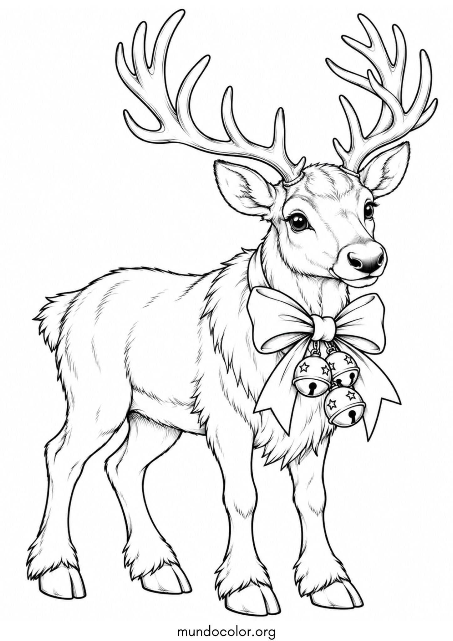 Dibujo de Reno con un gran lazo y cascabeles en el cuello para colorear