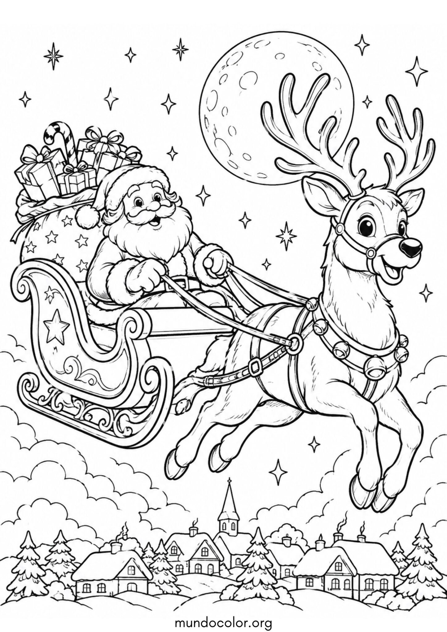 Dibujo de Reno de Papá Noel tirando del trineo mágico lleno de regalos en el cielo nocturno para colorear