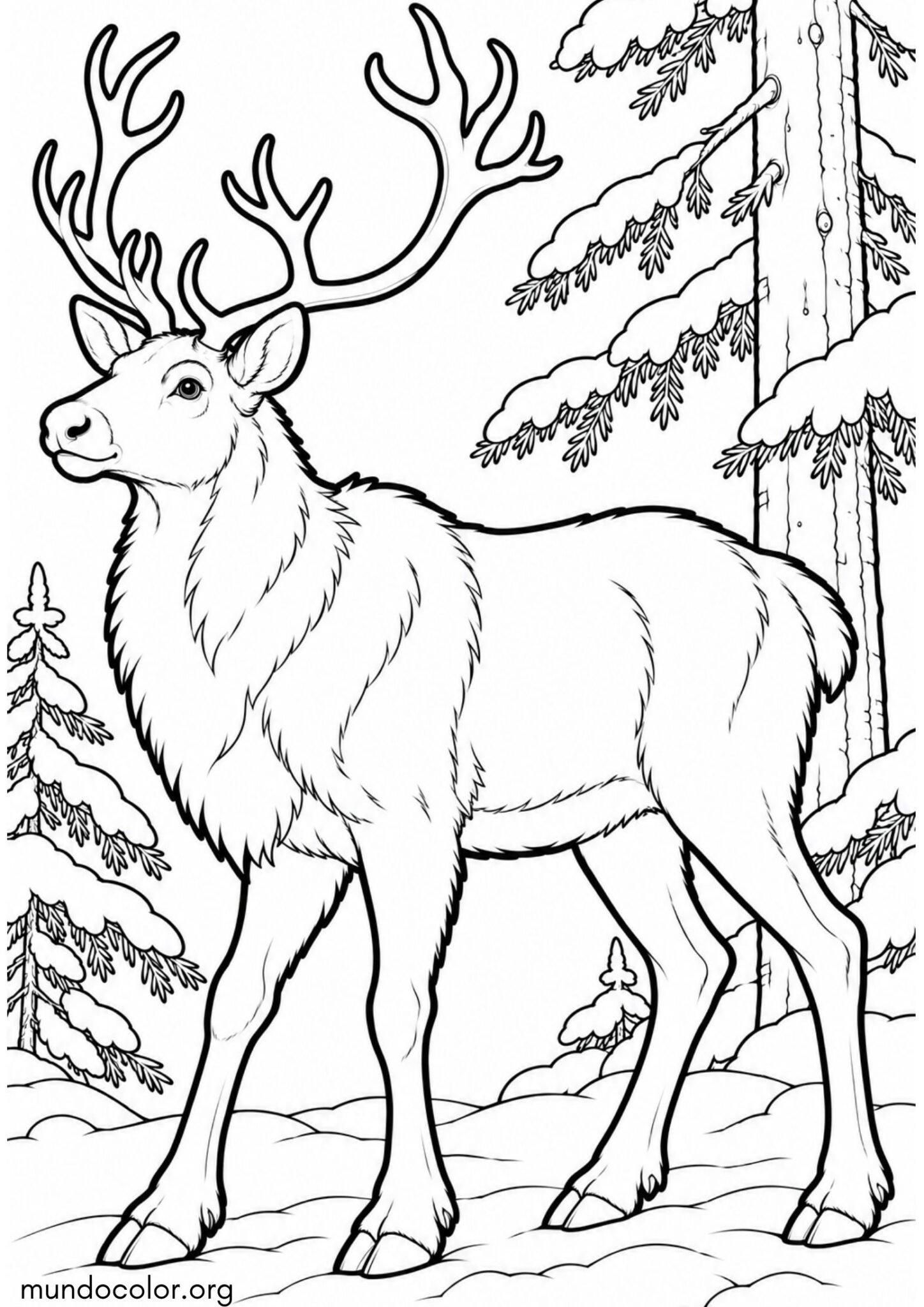Dibujo de Reno en el bosque nevado para colorear