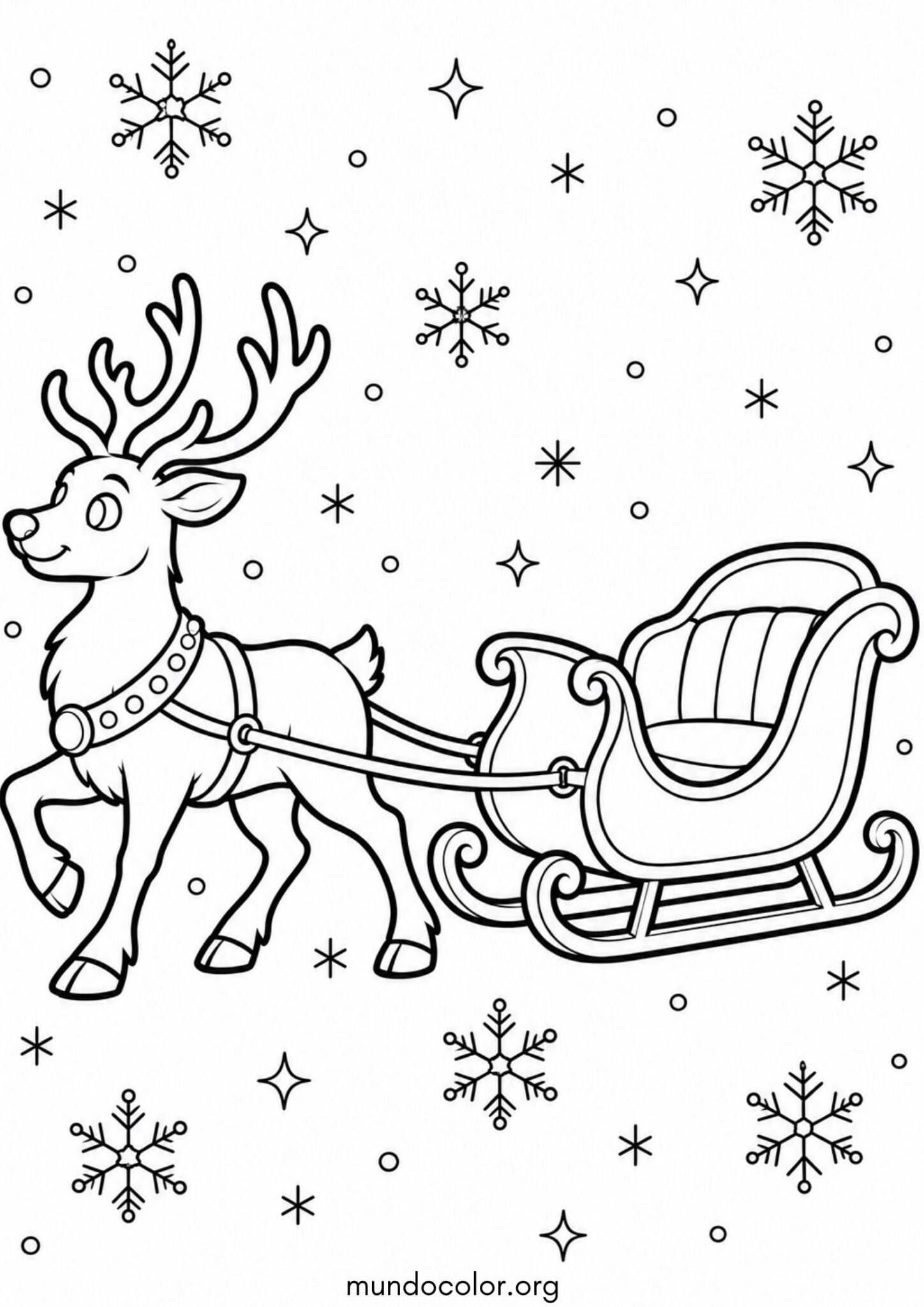 Dibujo de Reno enganchado junto al trineo de Papá Noel para colorear