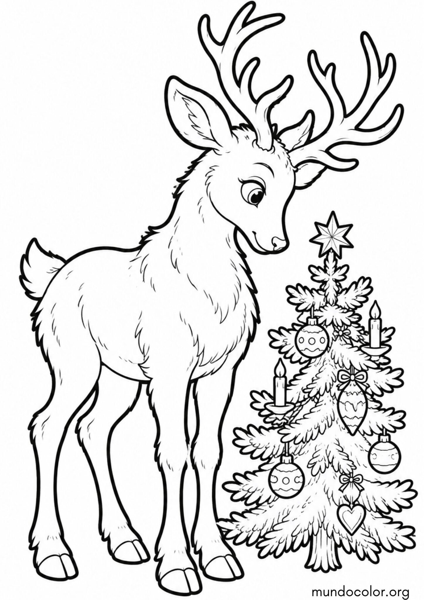 Dibujo de Reno junto al árbol de Navidad para colorear