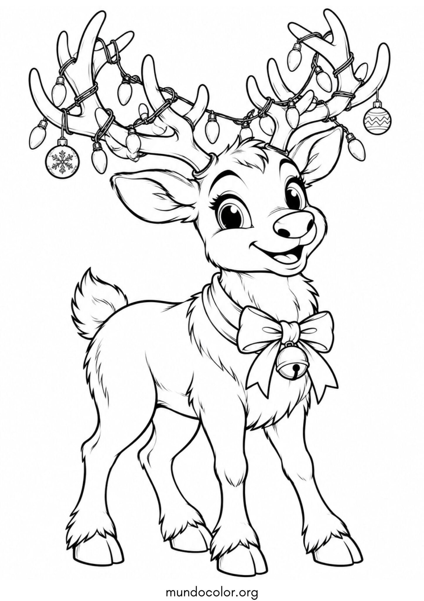 Dibujo de Reno navideño con una guirnalda en sus astas para colorear