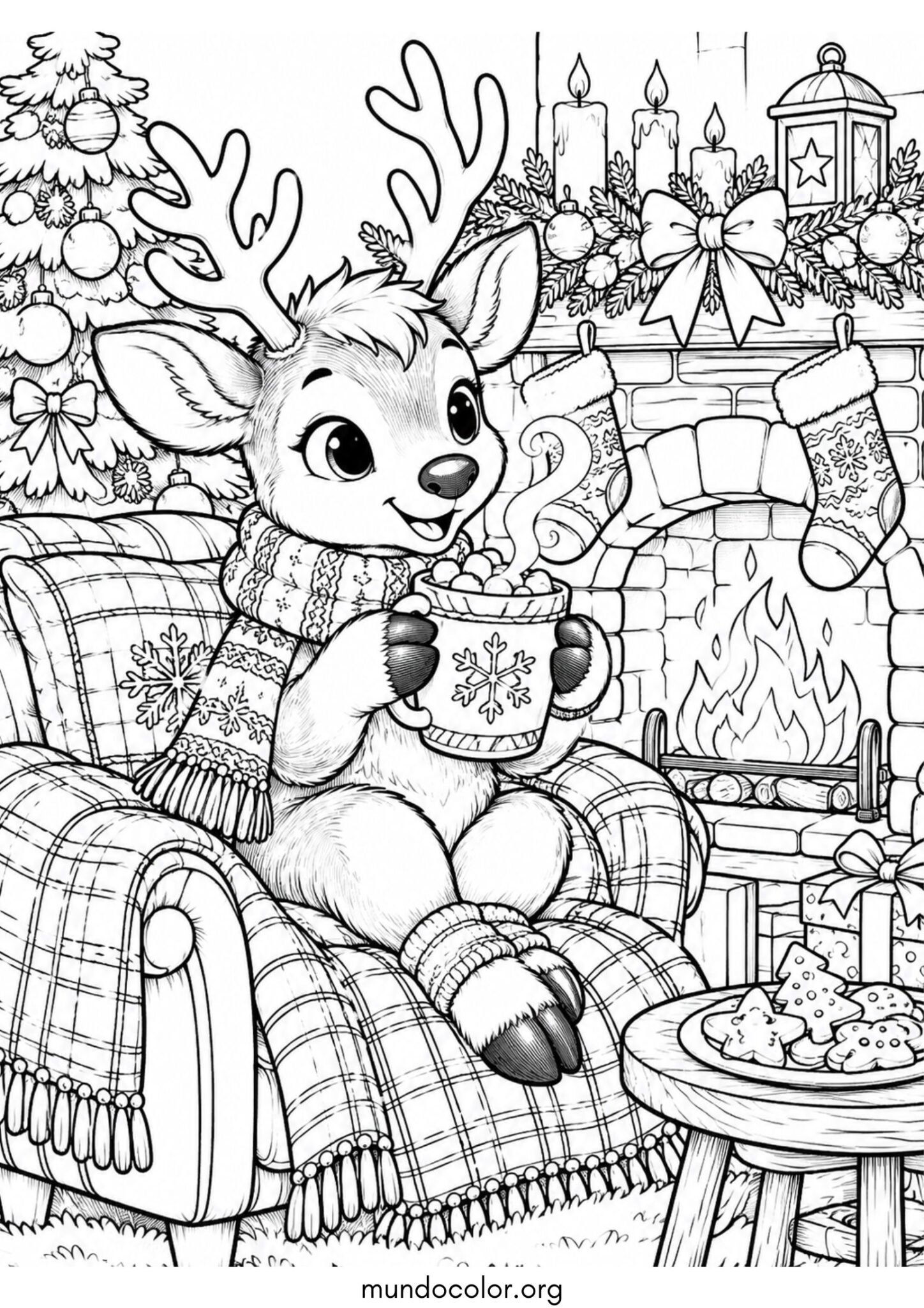 Dibujo de Reno tomando una taza de chocolate caliente con malvaviscos junto a la chimenea para colorear