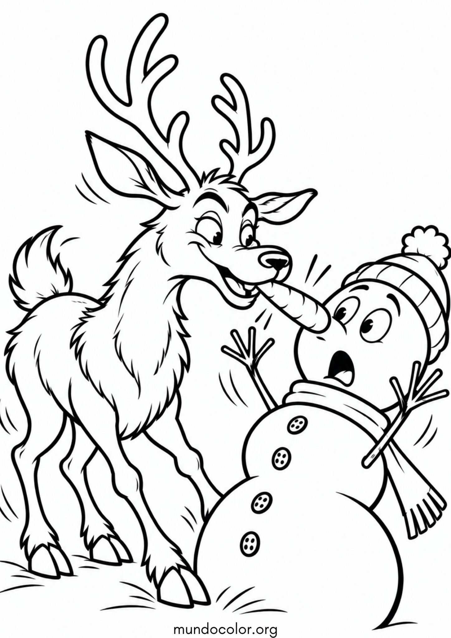 Dibujo de Reno y muñeco de nieve para colorear