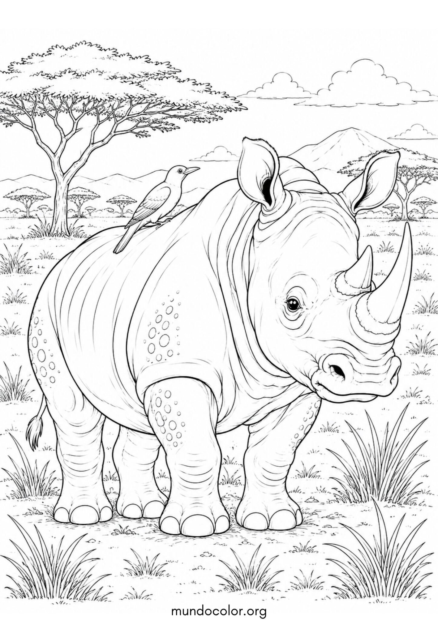 Dibujo de Rinoceronte africano con un pajarito picabueyes en el lomo para colorear
