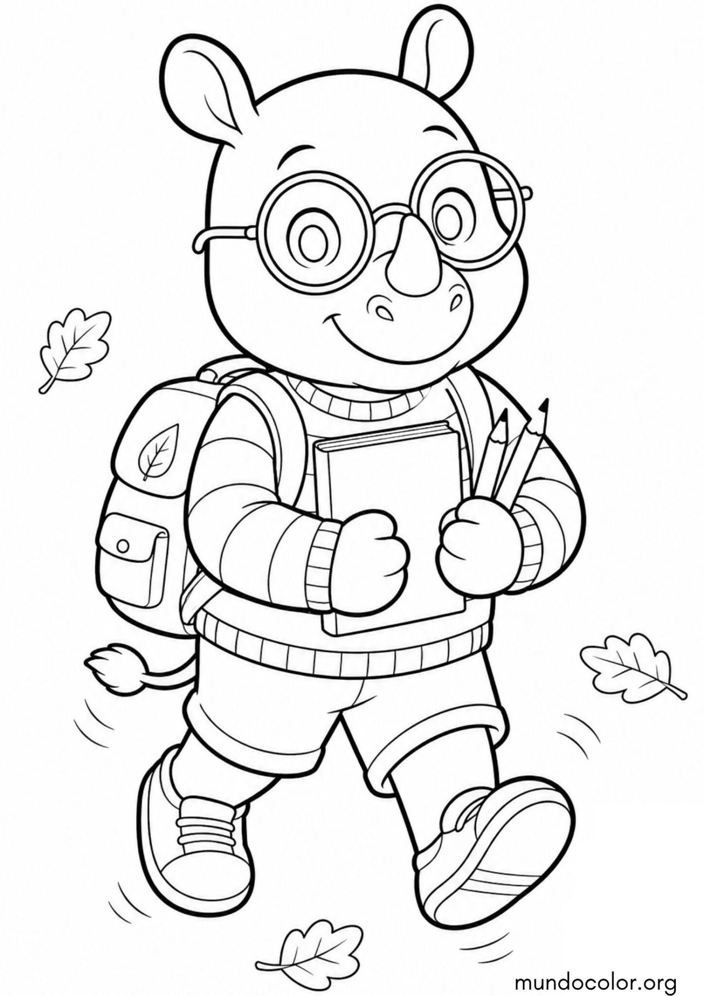 Dibujo de Rinoceronte con gafas y mochila yendo a la escuela para imprimir Dibujo de Rinoceronte con gafas y mochila yendo a la escuela para colorear