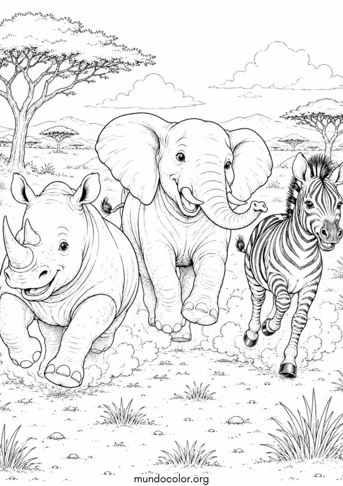 Dibujo de Rinoceronte corriendo libre junto a un elefante y una cebra para colorear