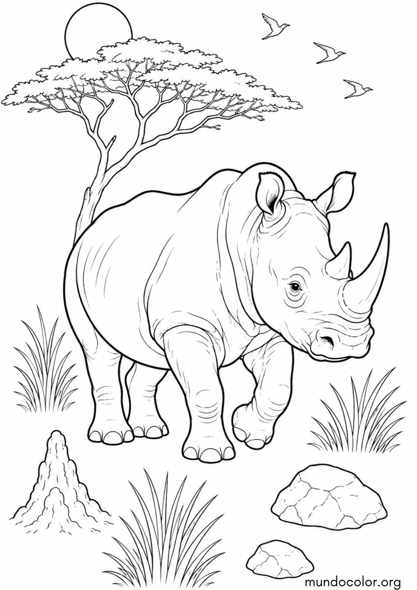 Dibujo de Rinoceronte en la sabana africana para imprimir Dibujo de Rinoceronte en la sabana africana para colorear