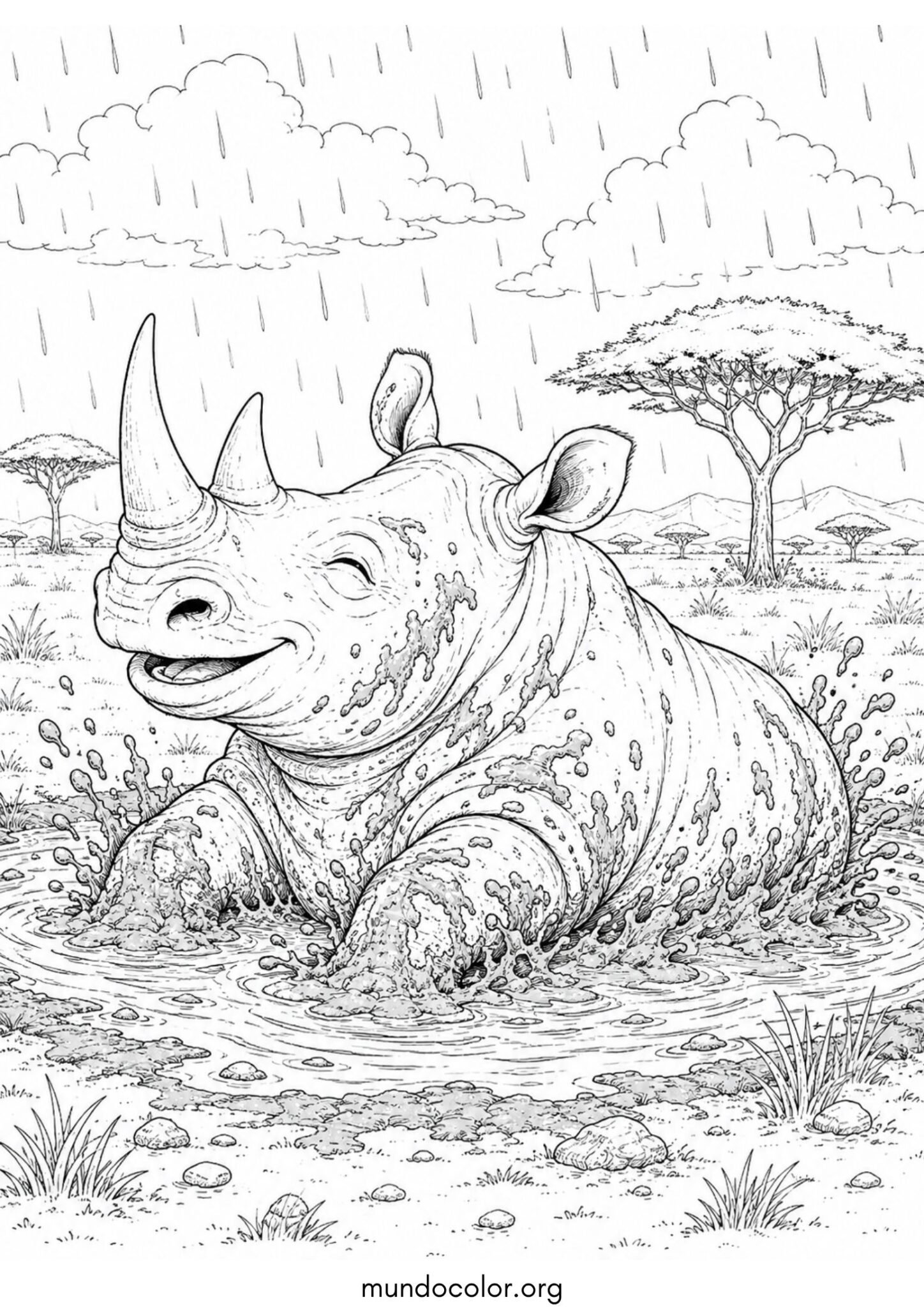Dibujo de Rinoceronte feliz dándose un baño de barro refrescante para colorear