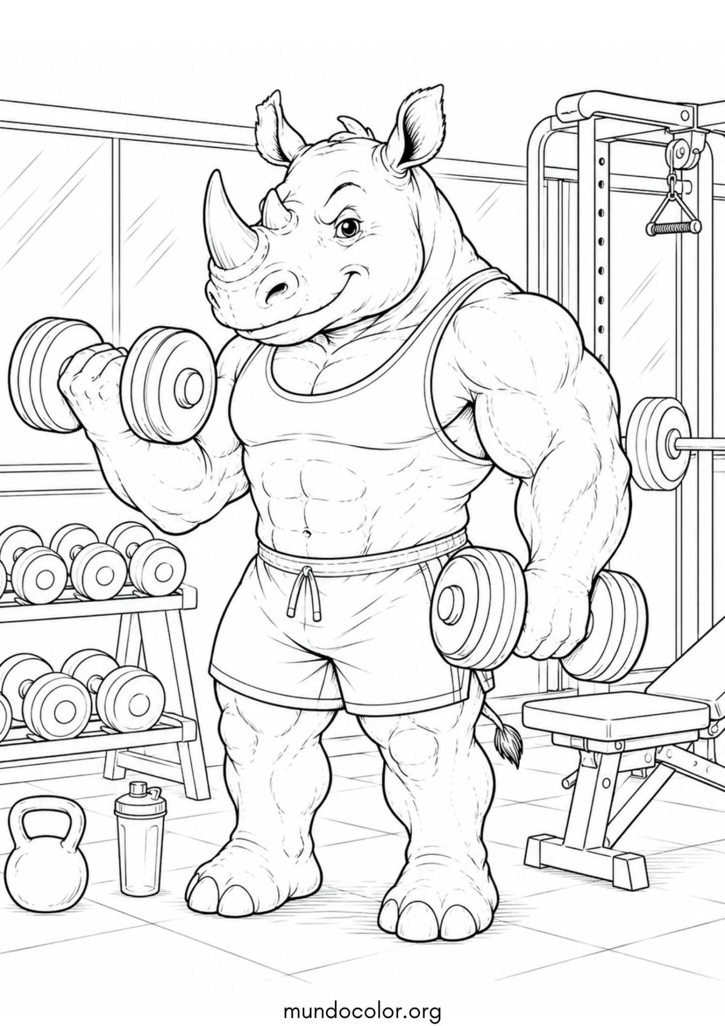 Dibujo de Rinoceronte fuerte haciendo ejercicio con pesas en el gimnasio para imprimir Dibujo de Rinoceronte fuerte haciendo ejercicio con pesas en el gimnasio para colorear
