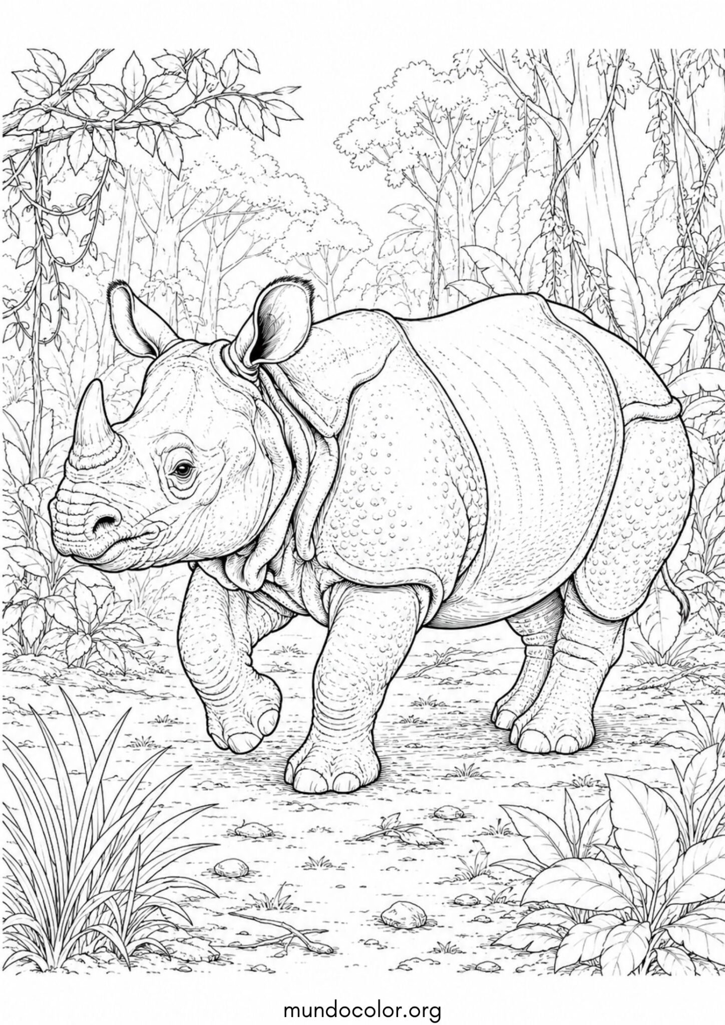 Dibujo de Rinoceronte indio de un solo cuerno con piel de armadura para colorear