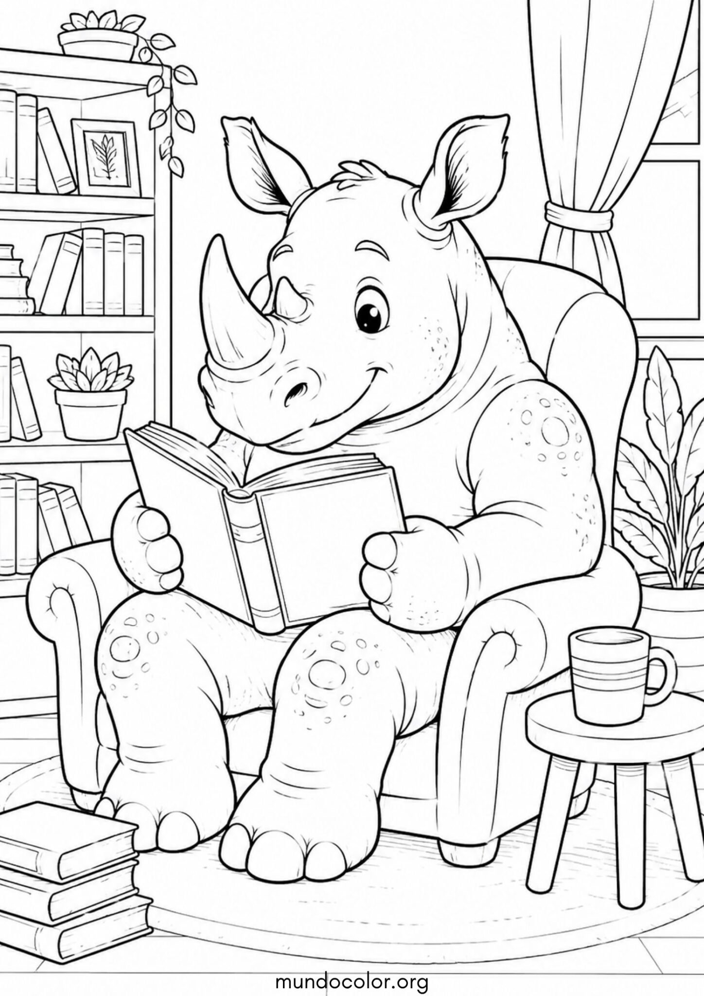 Dibujo de Rinoceronte leyendo un libro para colorear
