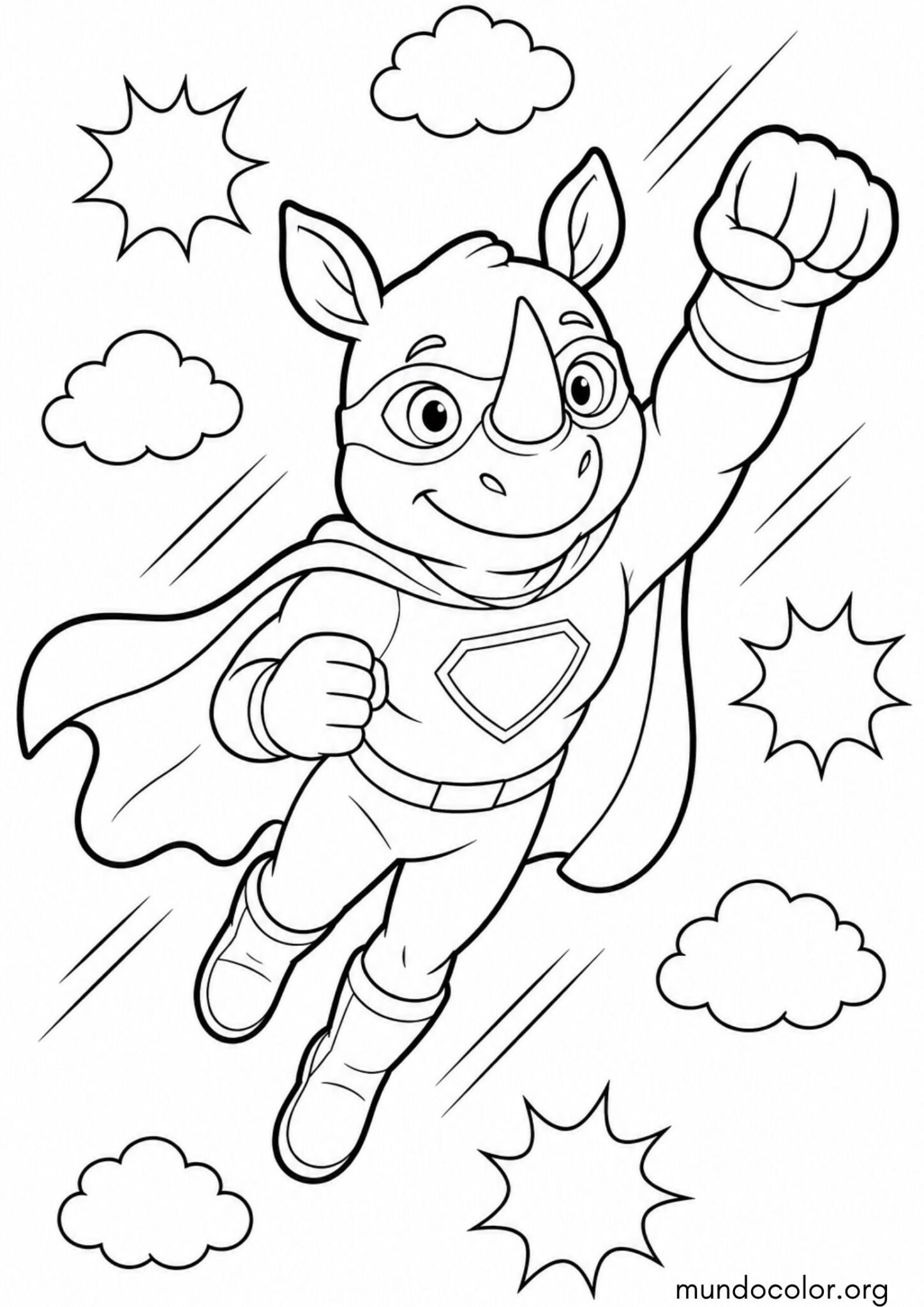 Dibujo de Rinoceronte superhéroe con antifaz y capa volando para imprimir Dibujo de Rinoceronte superhéroe con antifaz y capa volando para colorear