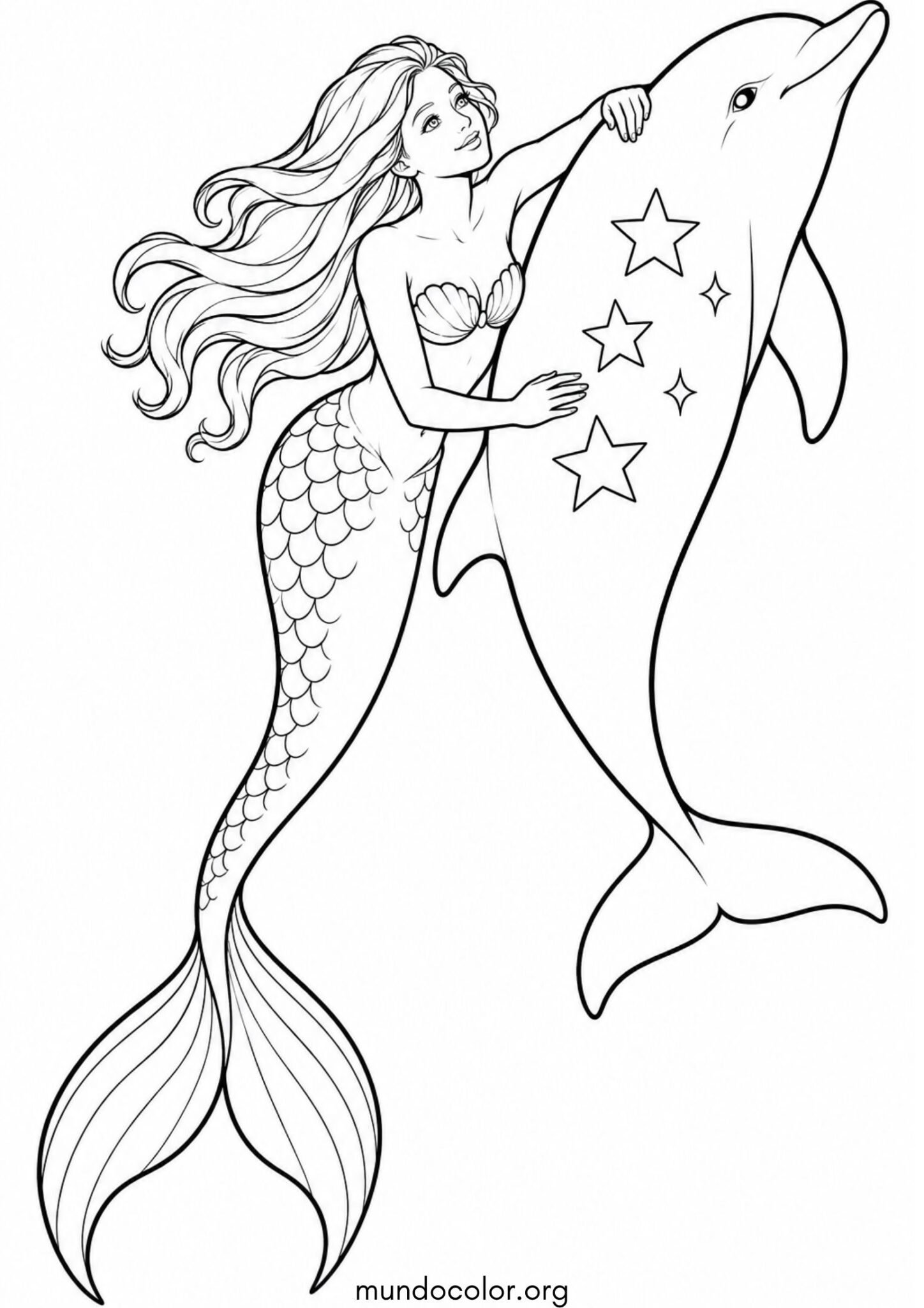 Dibujo de Sirena bonita nadando abrazada a un delfín mágico para imprimir Dibujo de Sirena bonita nadando abrazada a un delfín mágico para colorear