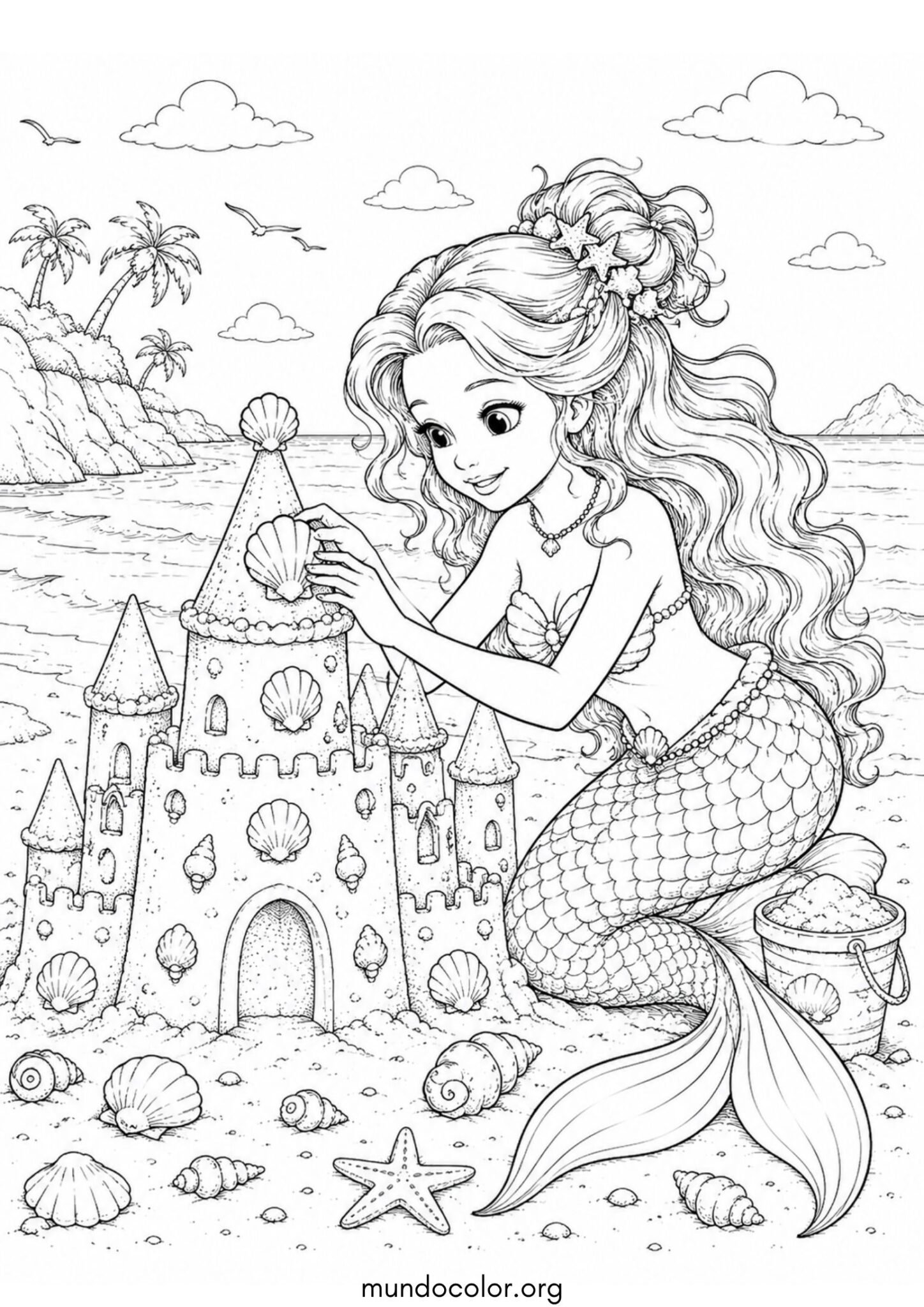 Dibujo de Sirena construyendo un castillo de arena decorado con conchas para imprimir Dibujo de Sirena construyendo un castillo de arena decorado con conchas para colorear