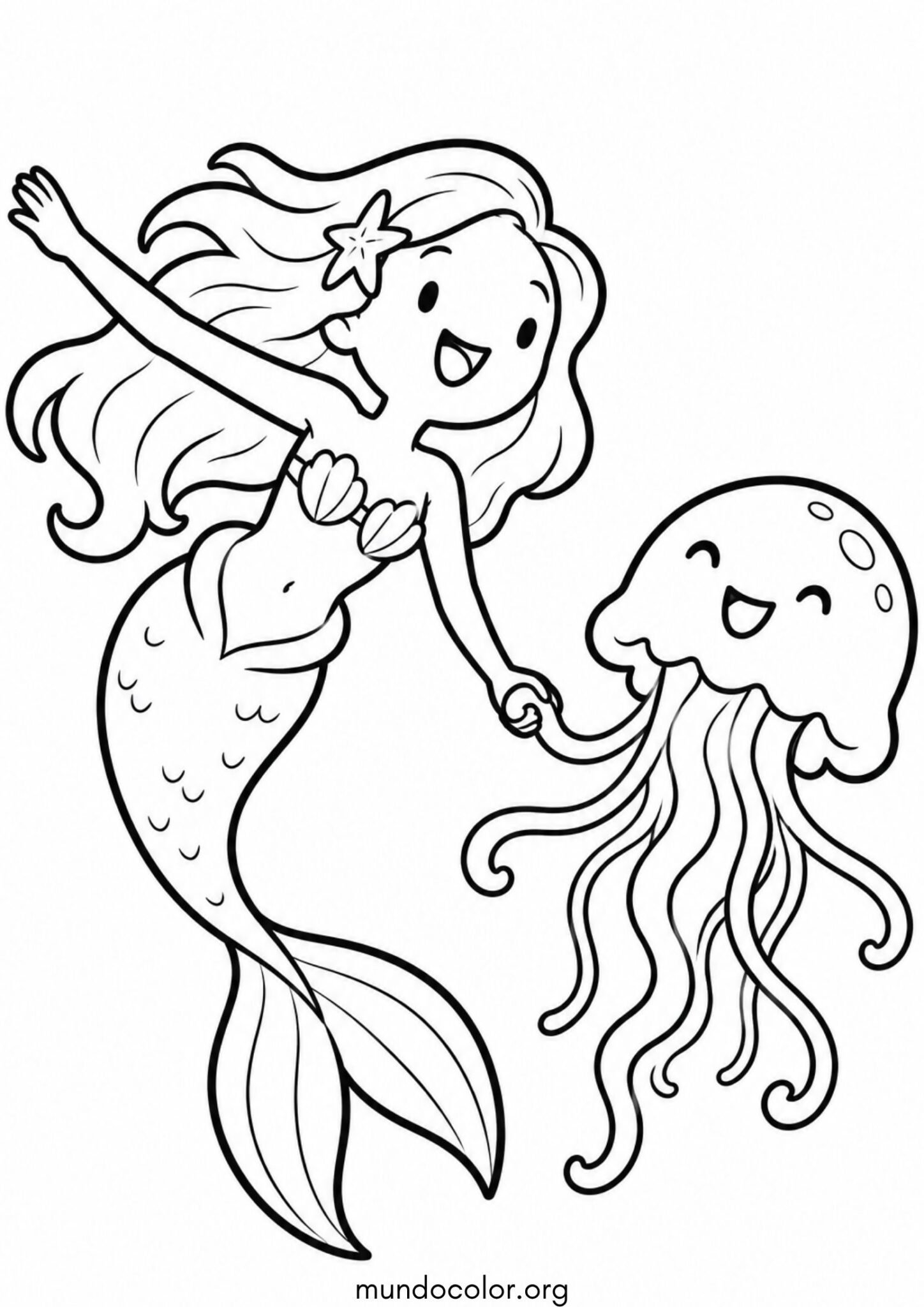 Dibujo de Sirena nadando de la mano con una medusa para colorear