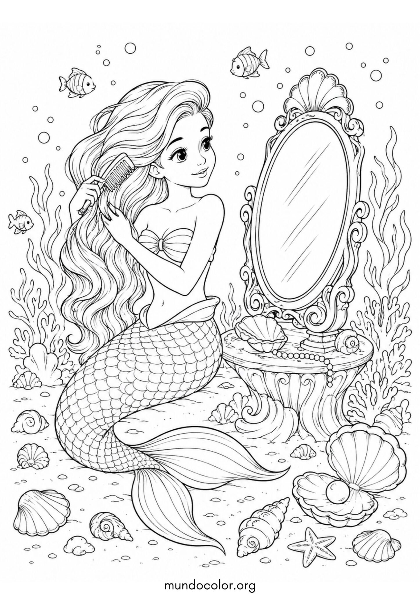 Dibujo de Sirena peinándose el pelo con un espejo mágico bajo el mar para colorear