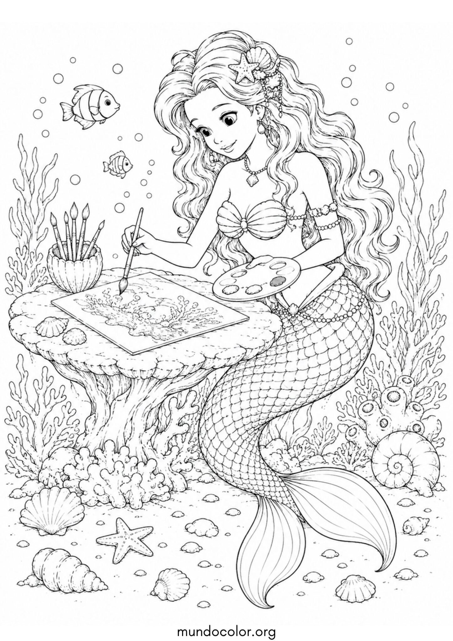Dibujo de Sirena pintando un cuadro de coral con pincel y paleta de colores para colorear