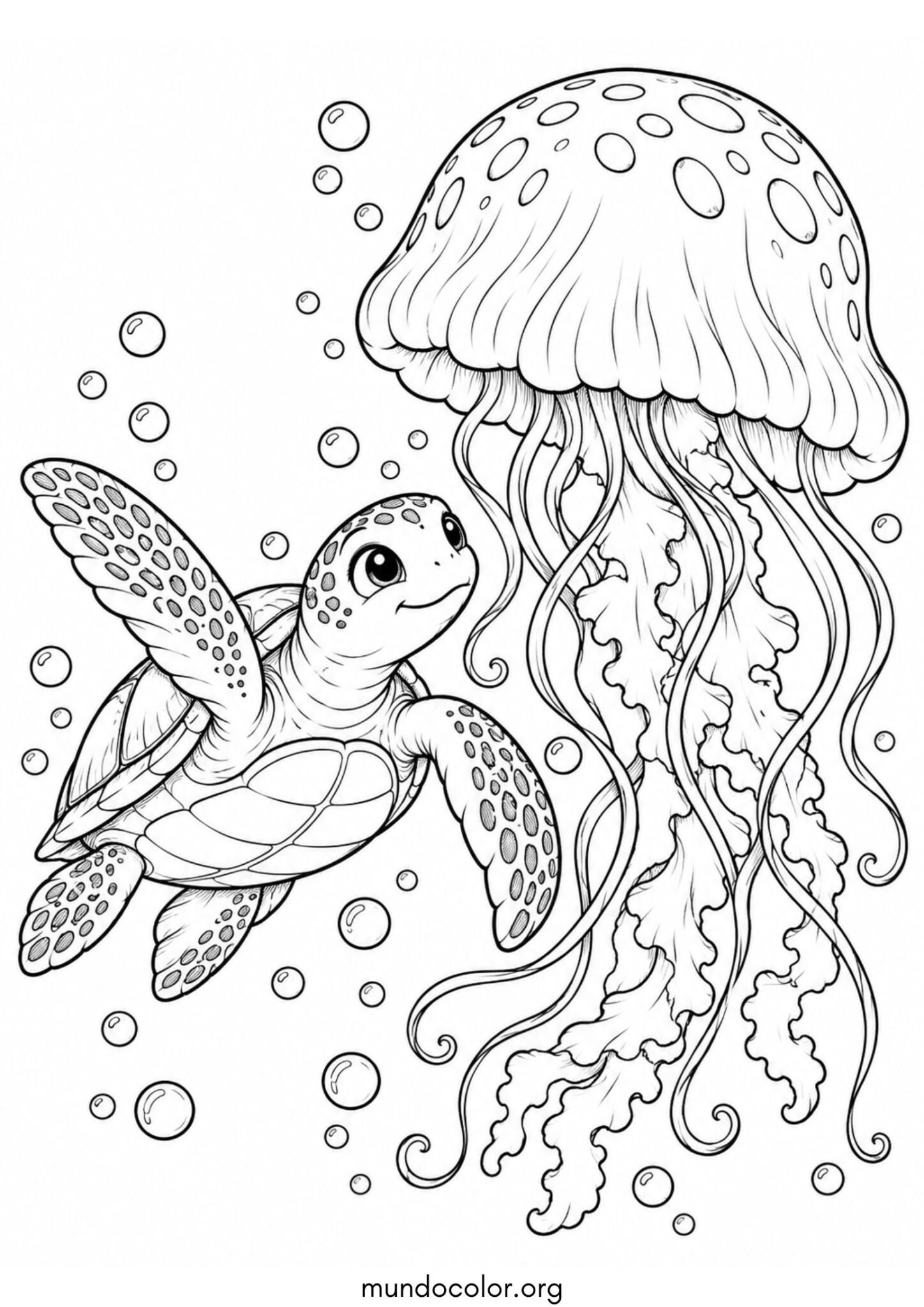Dibujo de Tortuga marina nadando junto a una gran medusa para colorear