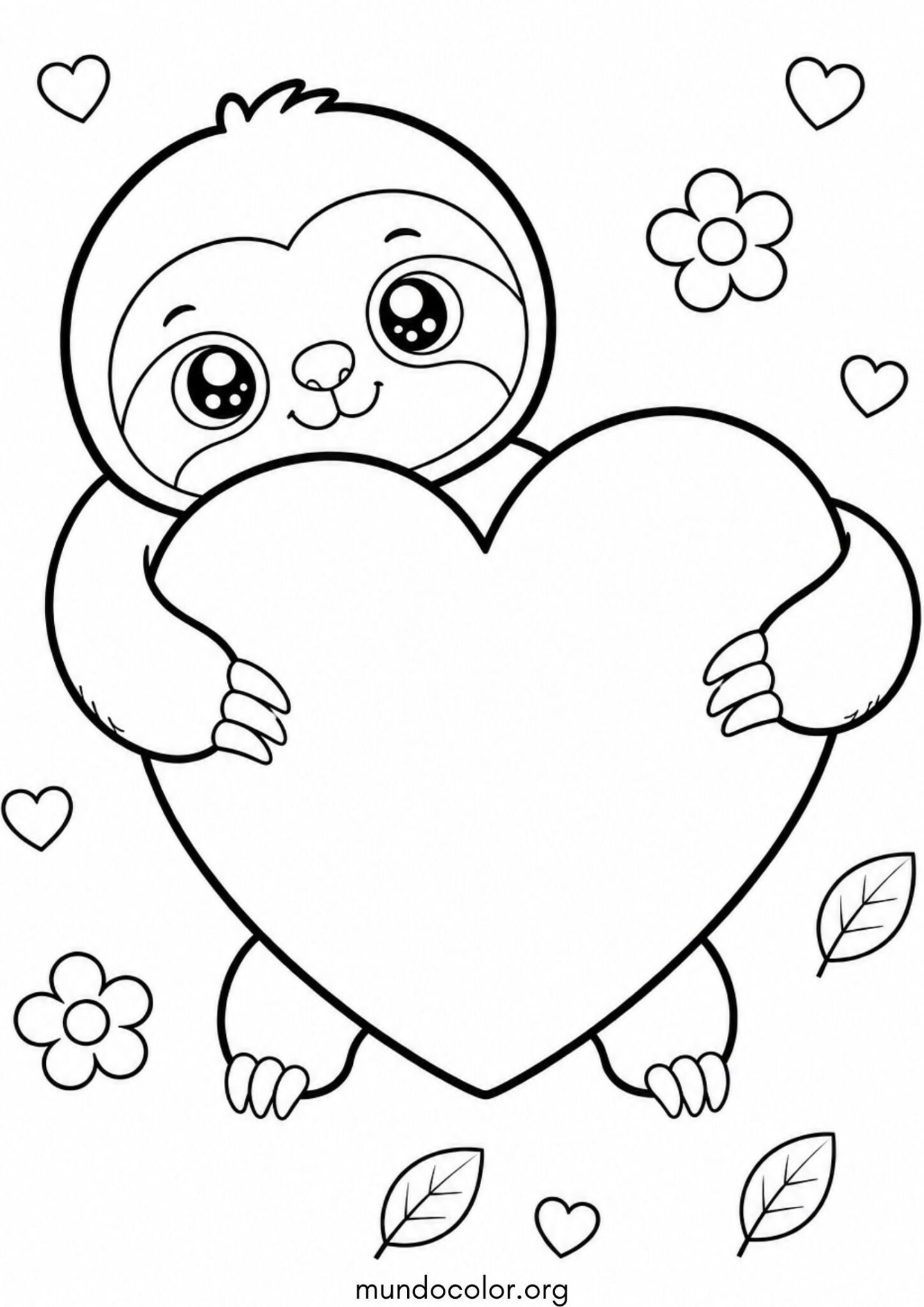 Dibujo de Un adorable perezoso abraza un gran corazón para colorear