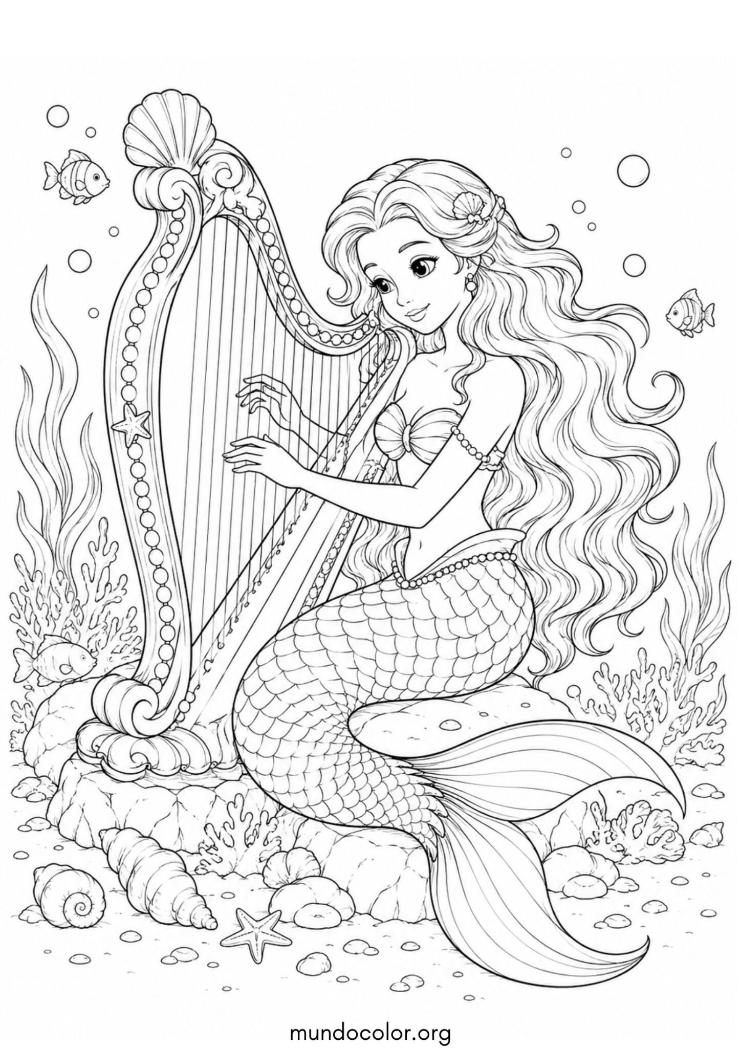 Dibujo de Una sirena tocando un arpa mágica para imprimir Dibujo de Una sirena tocando un arpa mágica para colorear