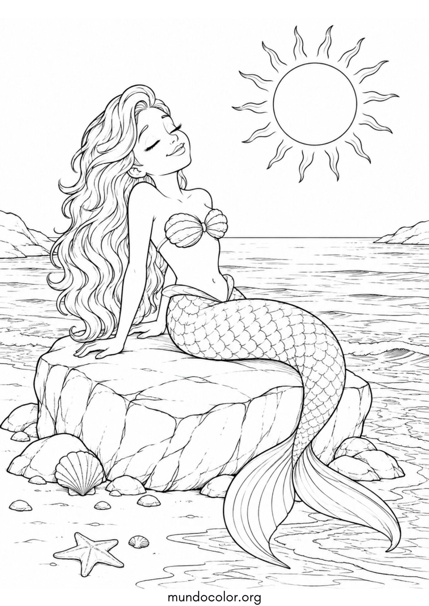 Dibujo de Una sirena toma el sol sobre una roca para imprimir Dibujo de Una sirena toma el sol sobre una roca para colorear